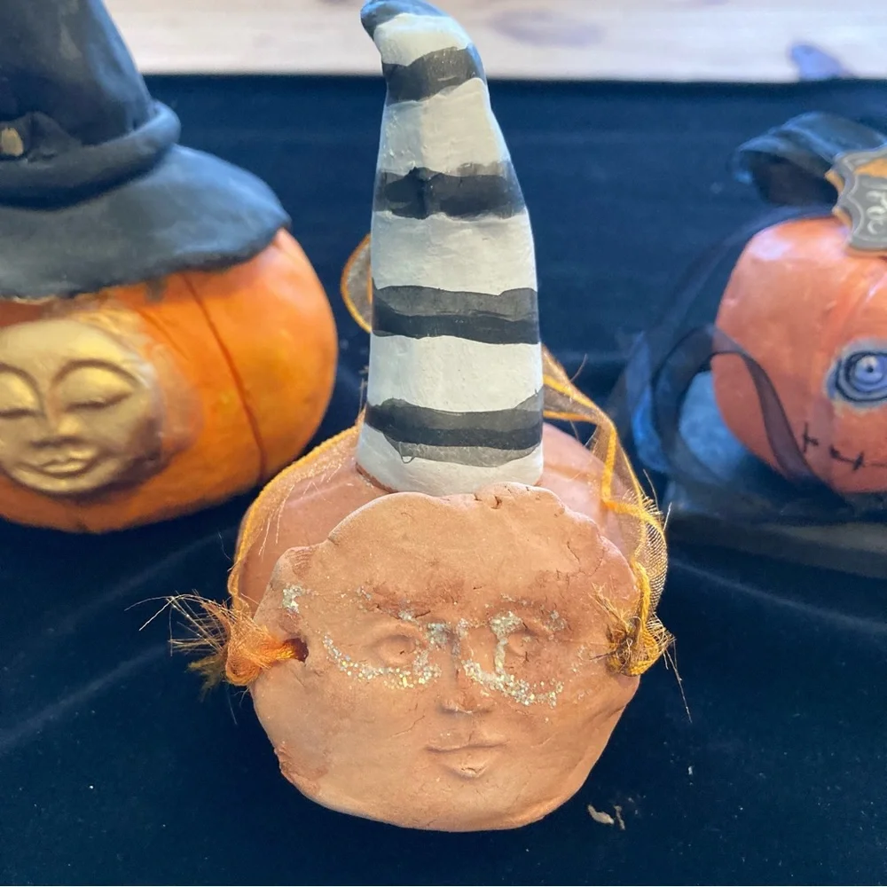 Halloween Three Handmade Folk Art Original Terracotta Ceramic Halloween Pumpkins